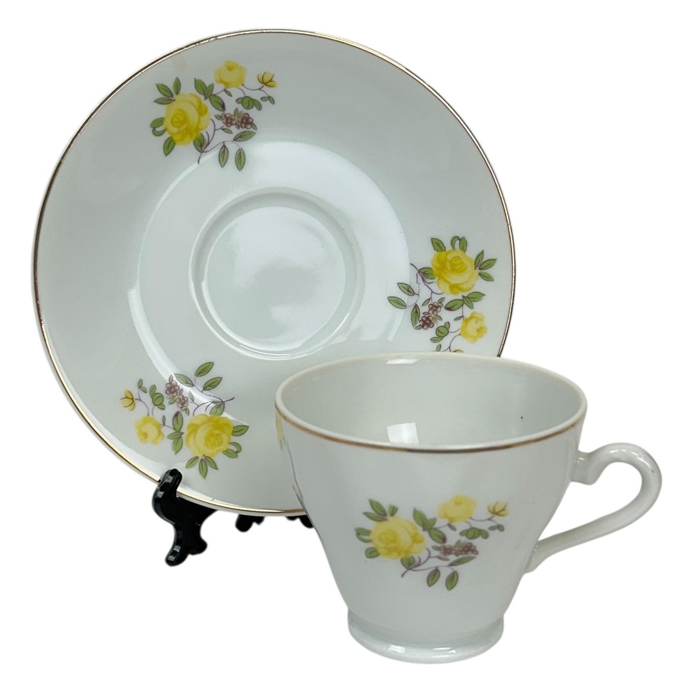 Yellow‎ Rose Porcelain Tea Cup Saucer Set Gold Trim Floral Vintage Retro White